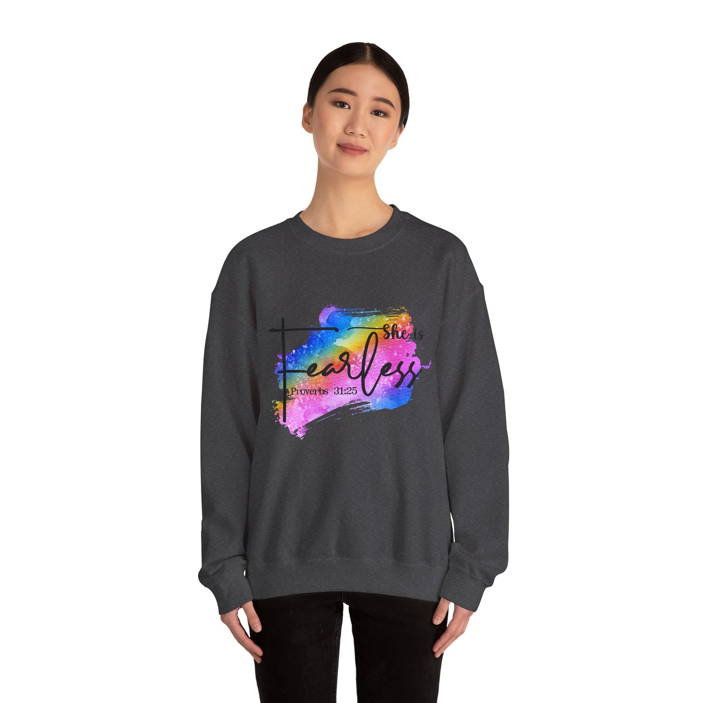She Is Fearless Crewneck Sweatshirt – Inspirational Proverbs 31:25 | Colorful Faith-Based Design