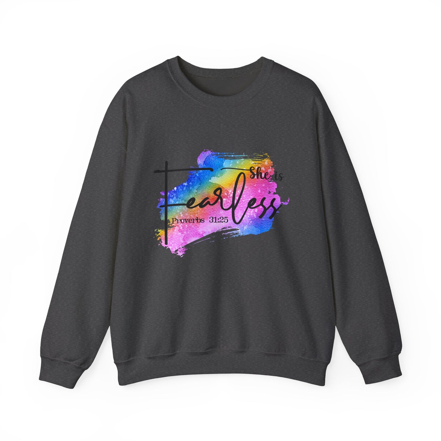 She Is Fearless Crewneck Sweatshirt – Inspirational Proverbs 31:25 | Colorful Faith-Based Design