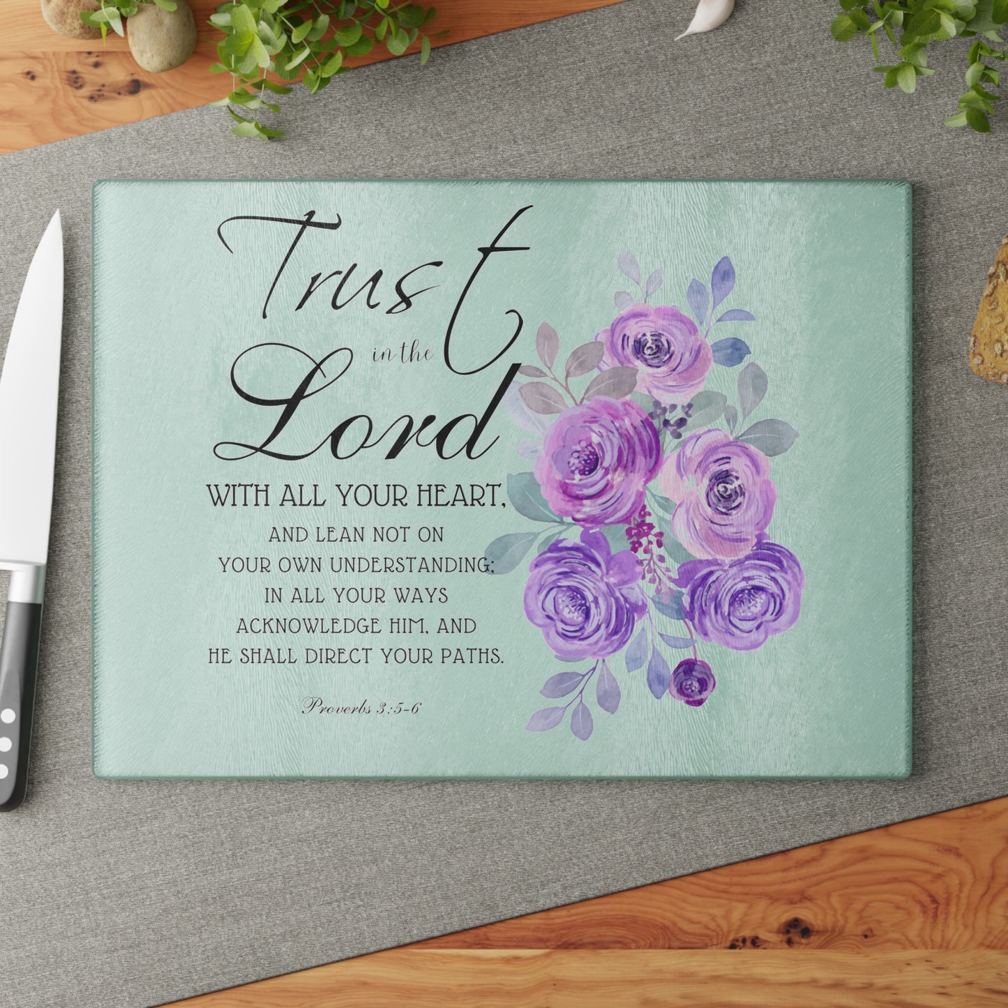 Trust In The Lord, Bible Verse Glass Cutting Board, Custom Design Available.