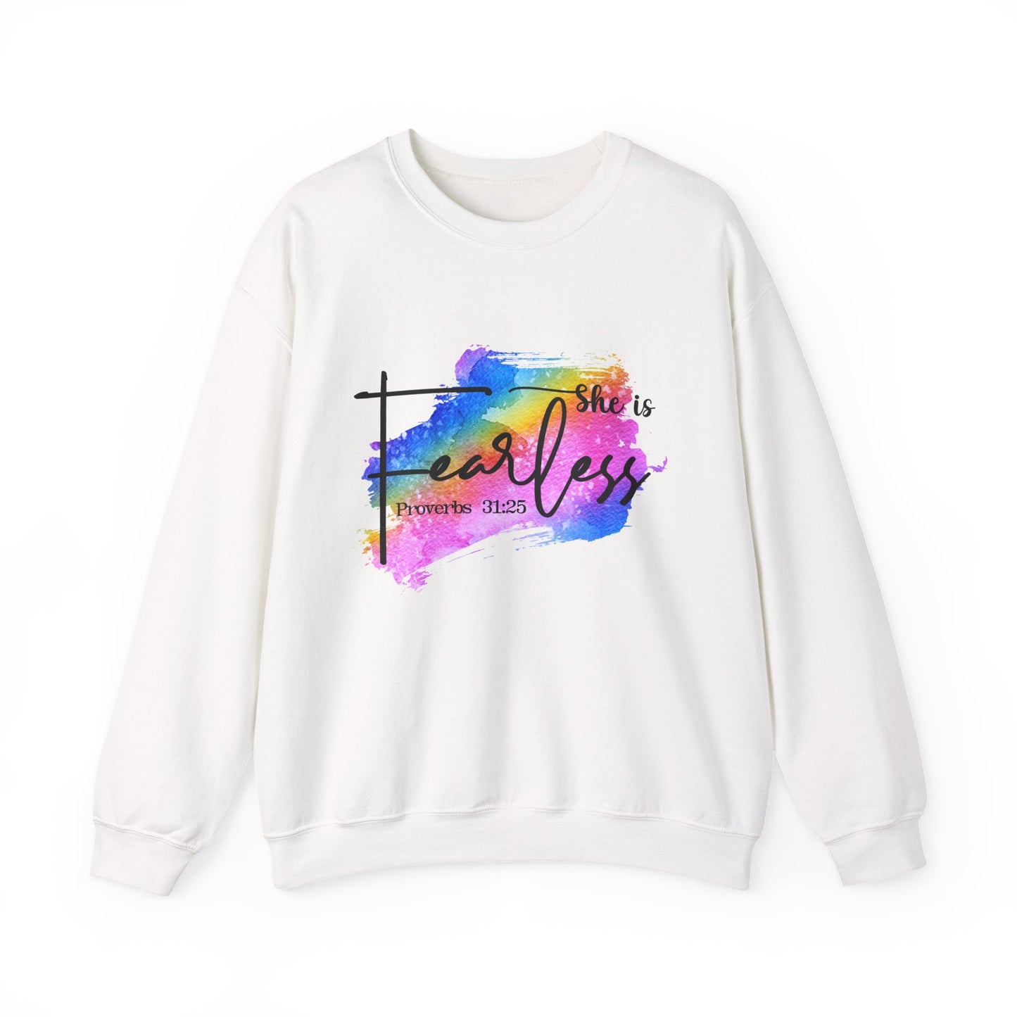 She Is Fearless Crewneck Sweatshirt – Inspirational Proverbs 31:25 | Colorful Faith-Based Design