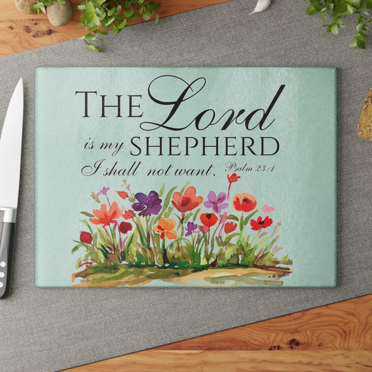 The Lord is My Shepard, Psalms 23, Bible Verse Glass Cutting Board, Custom Design Available.