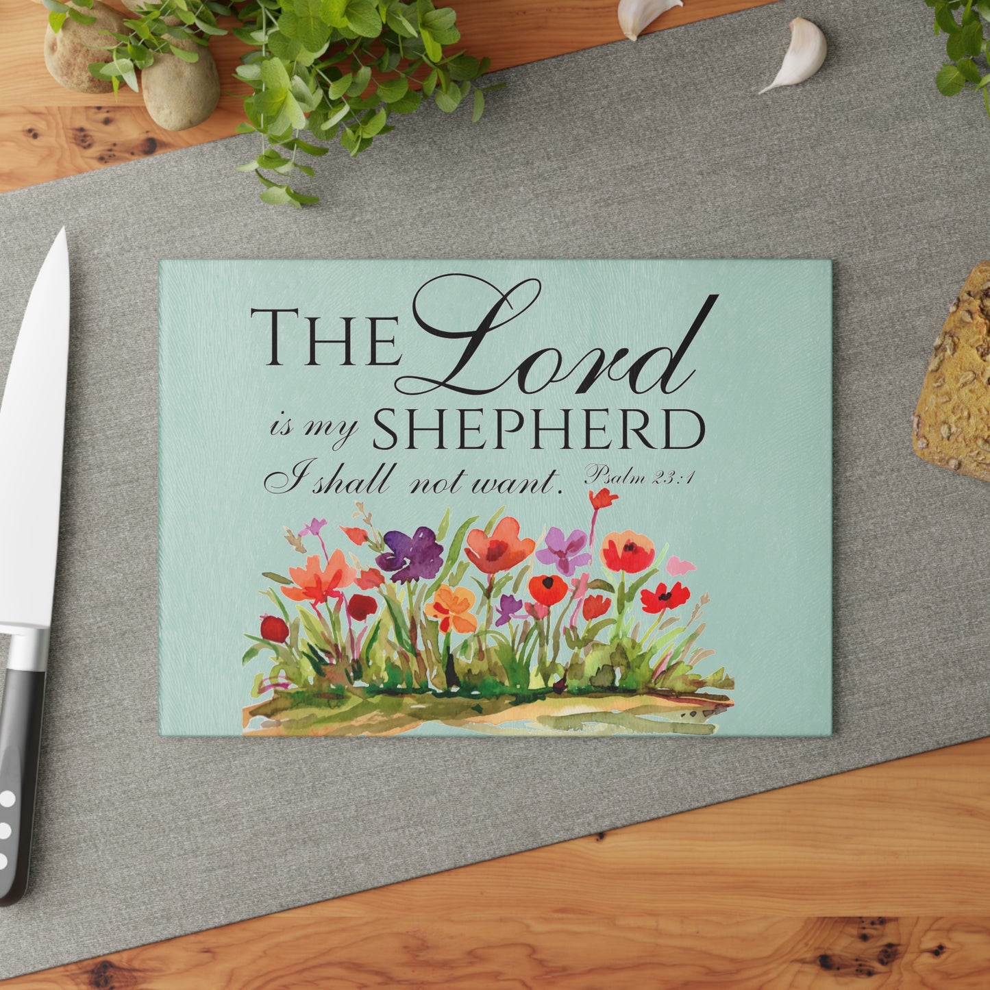 The Lord is My Shepard, Psalms 23, Bible Verse Glass Cutting Board, Custom Design Available.