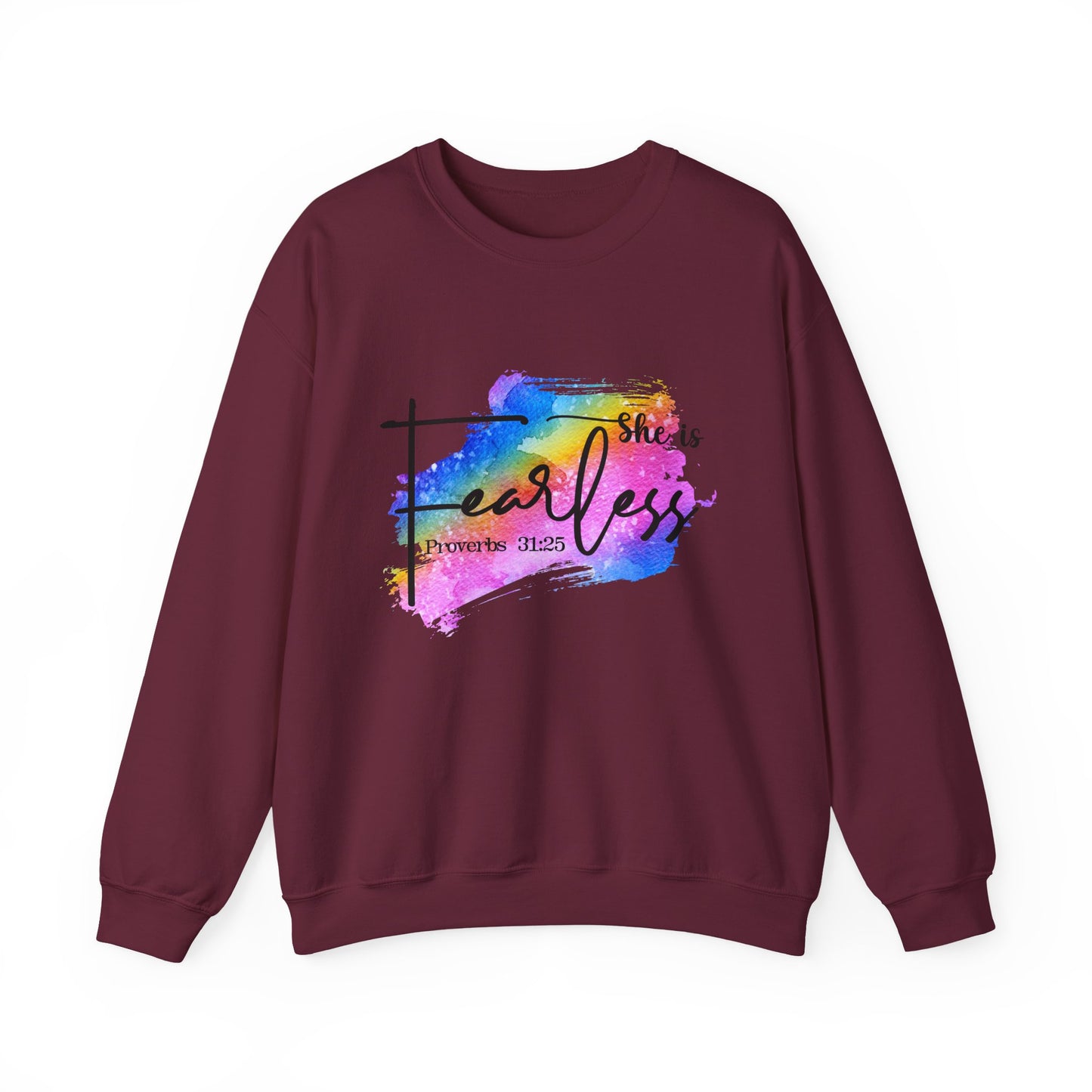 She Is Fearless Crewneck Sweatshirt – Inspirational Proverbs 31:25 | Colorful Faith-Based Design