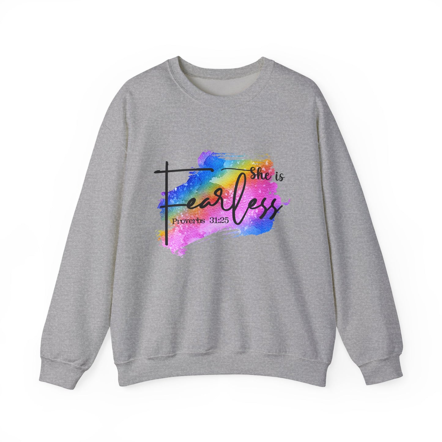 She Is Fearless Crewneck Sweatshirt – Inspirational Proverbs 31:25 | Colorful Faith-Based Design