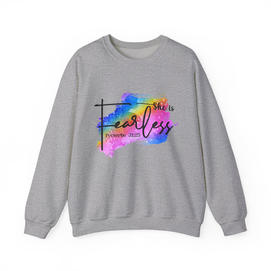 She Is Fearless Crewneck Sweatshirt – Inspirational Proverbs 31:25 | Colorful Faith-Based Design