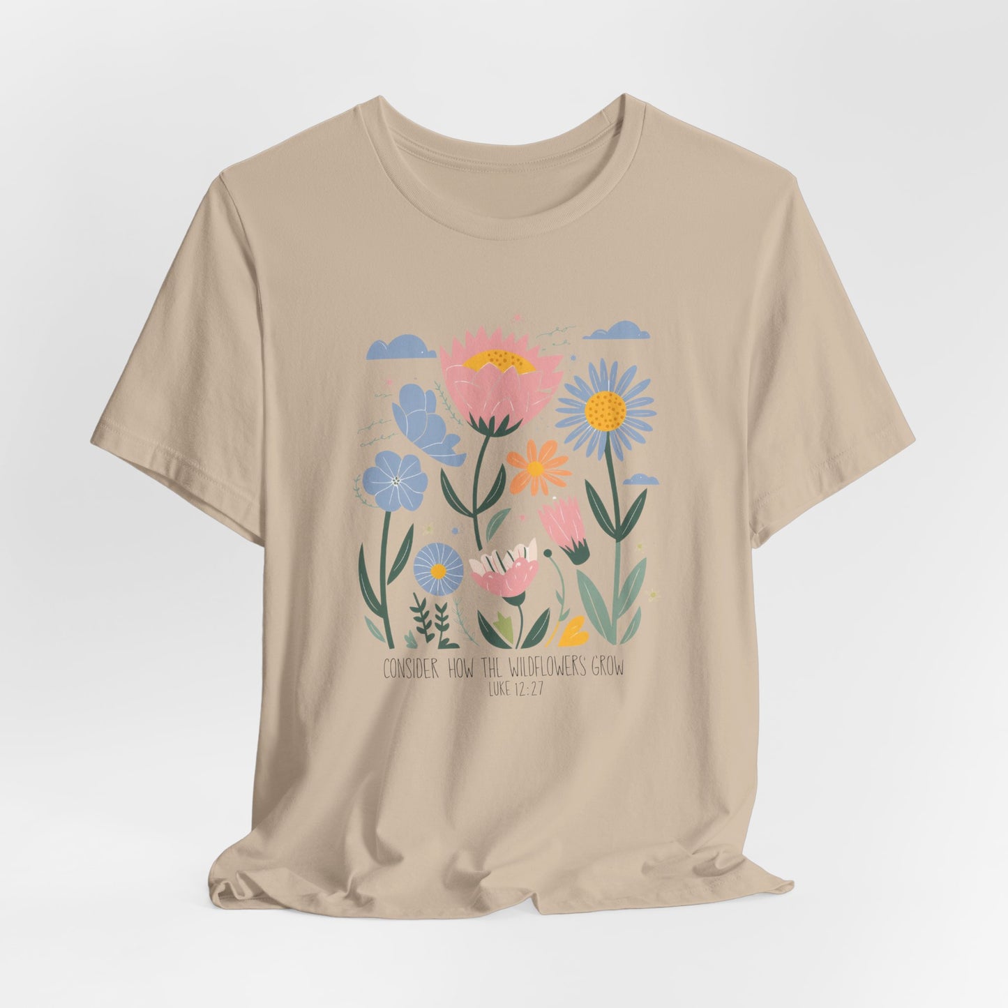 "Consider the Wildflowers" Boho Christian Tee – Luke 12:27 | Faith-Inspired Nature Shirt for Women & Garden Lovers