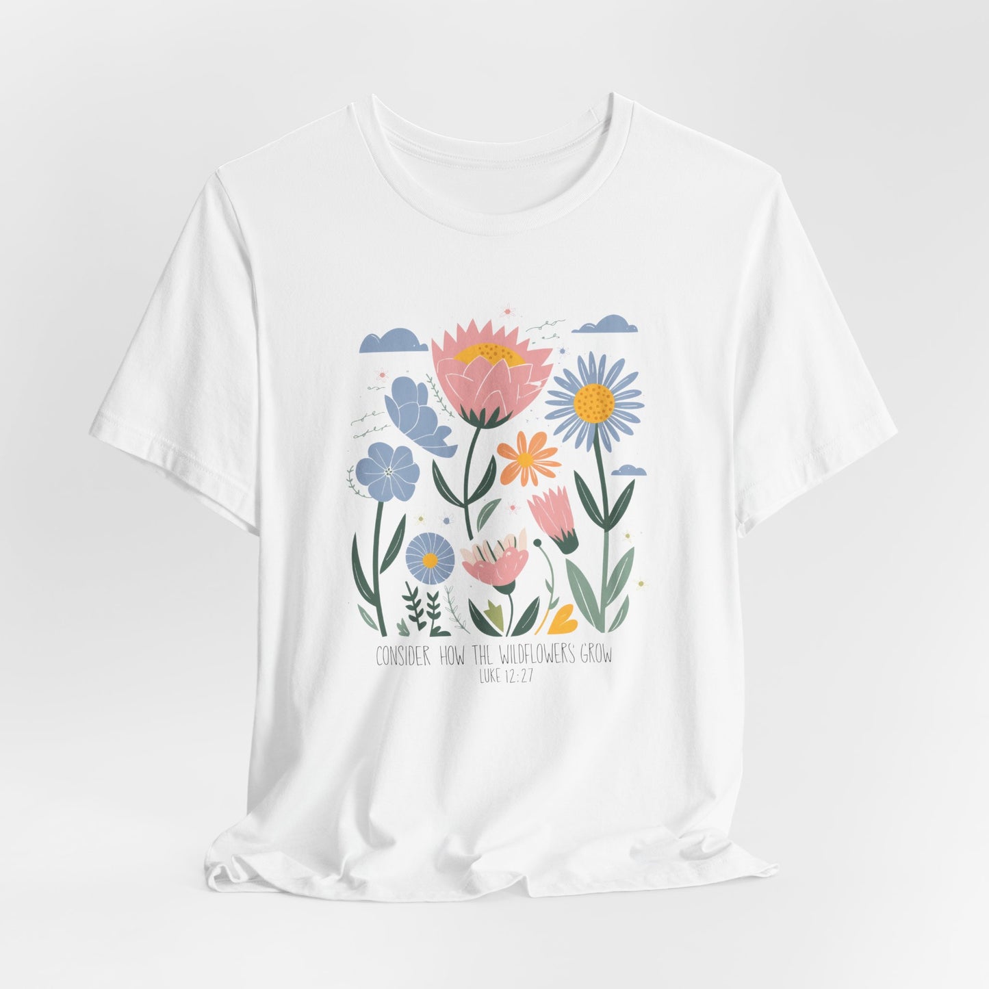 "Consider the Wildflowers" Boho Christian Tee – Luke 12:27 | Faith-Inspired Nature Shirt for Women & Garden Lovers