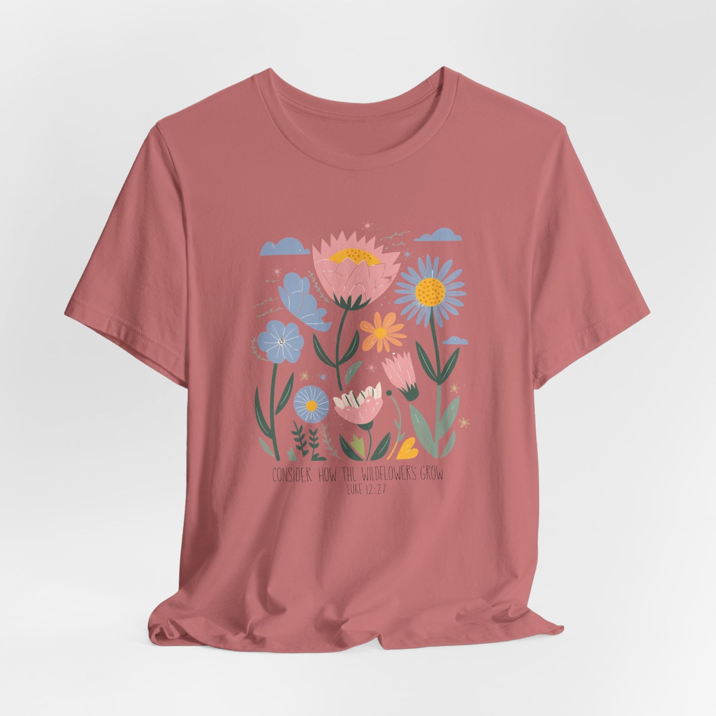 "Consider the Wildflowers" Boho Christian Tee – Luke 12:27 | Faith-Inspired Nature Shirt for Women & Garden Lovers