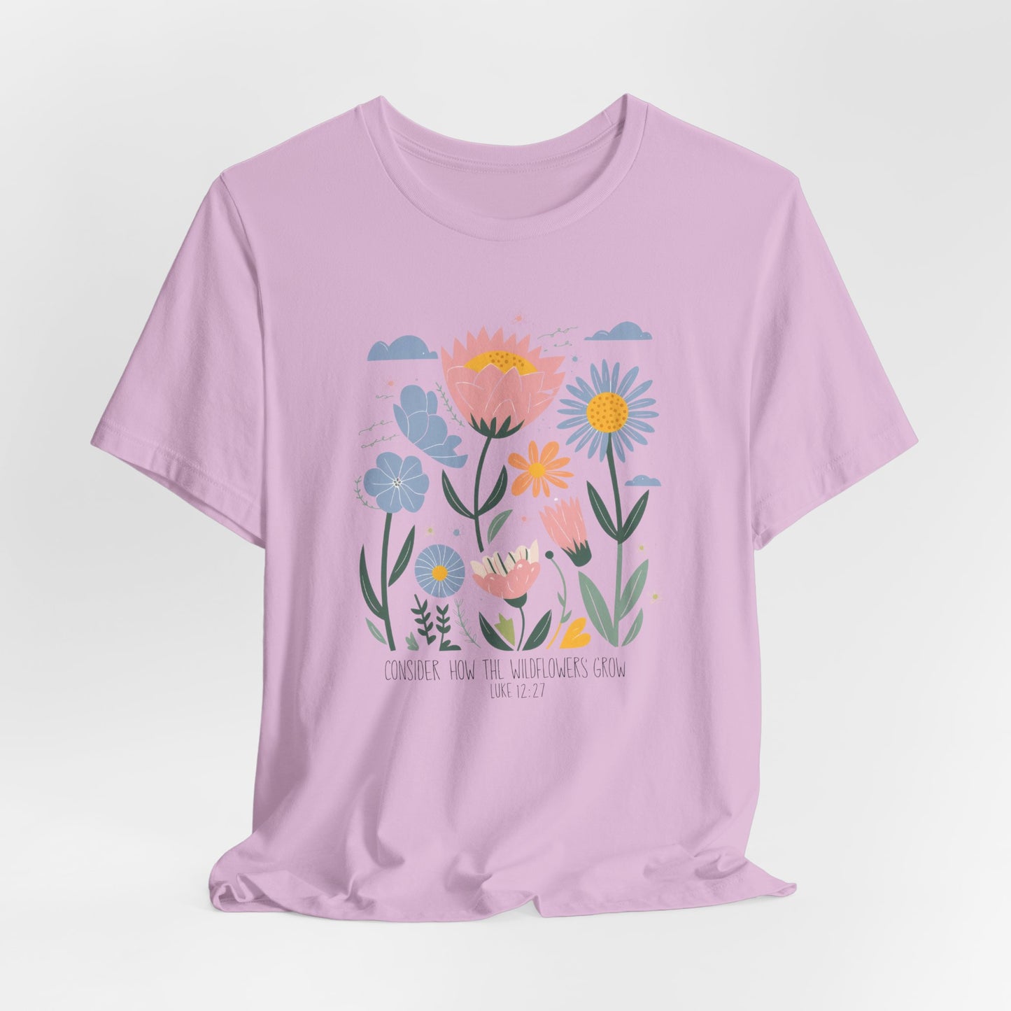 "Consider the Wildflowers" Boho Christian Tee – Luke 12:27 | Faith-Inspired Nature Shirt for Women & Garden Lovers