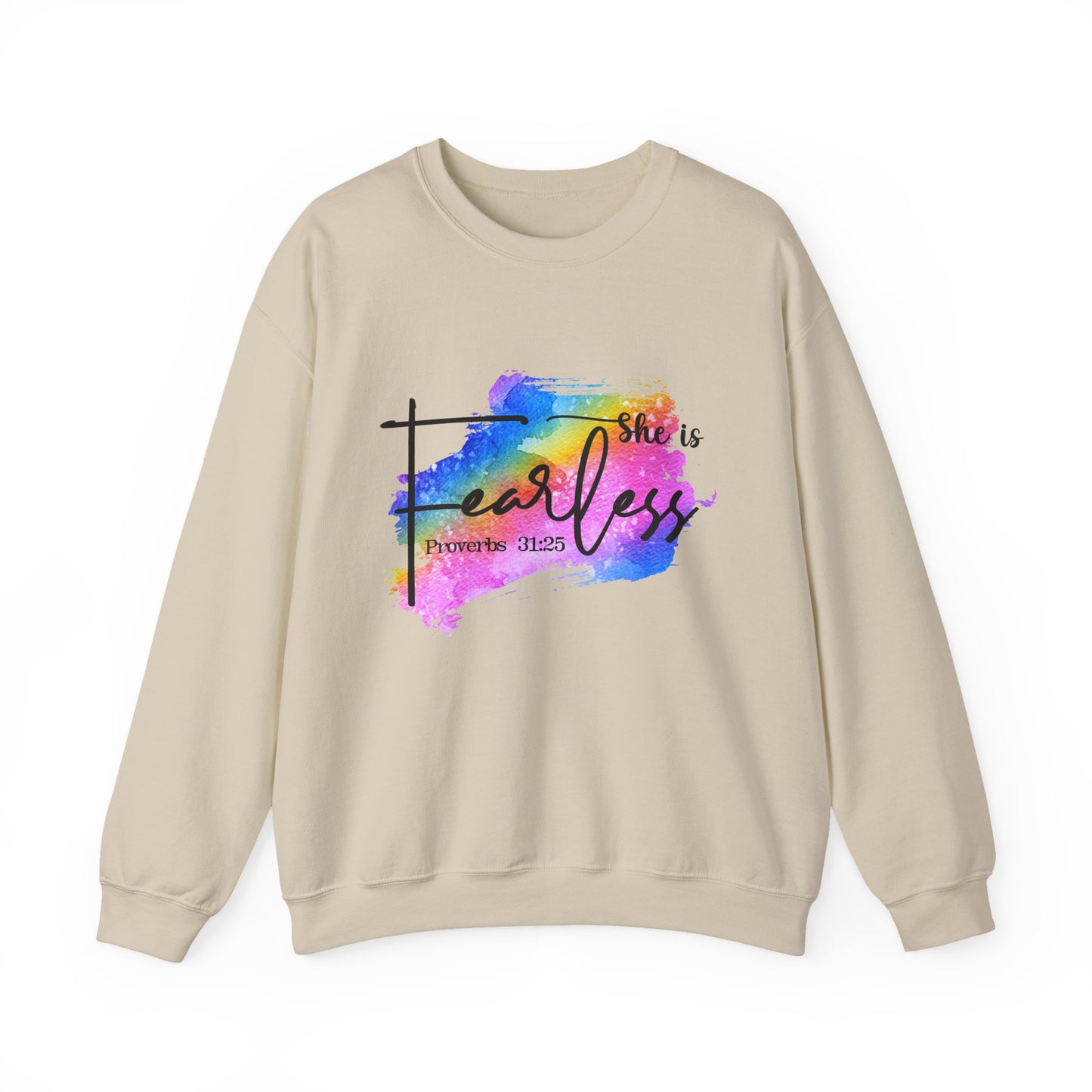 She Is Fearless Crewneck Sweatshirt – Inspirational Proverbs 31:25 | Colorful Faith-Based Design
