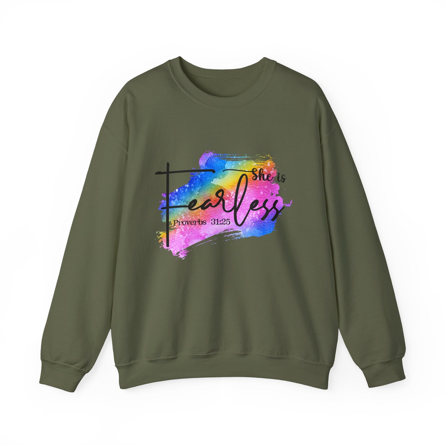 She Is Fearless Crewneck Sweatshirt – Inspirational Proverbs 31:25 | Colorful Faith-Based Design